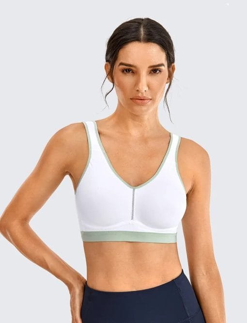 front facing model white Medium Impact Exercise Lightweight Women Sport Bra