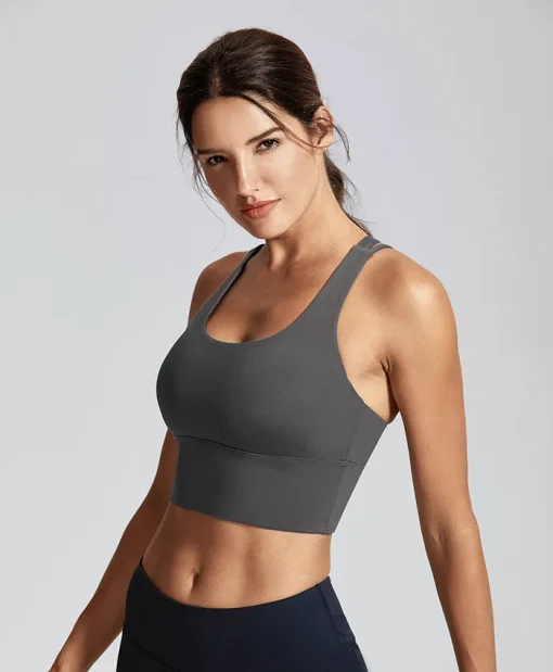 gray Medium Support Strappy Back Wire-Free Removable Cups Longline Yoga Sports Bra
