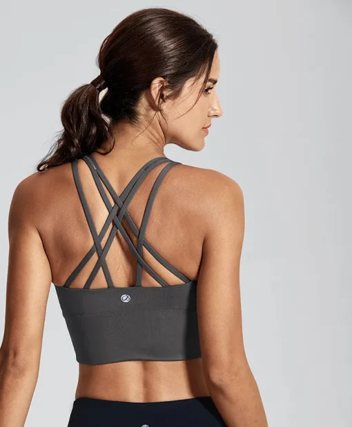 gray back Medium Support Strappy Back Wire-Free Removable Cups Longline Yoga Sports Bra