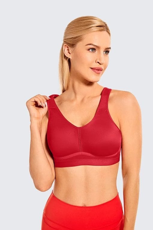 model holding strap red Medium Impact Exercise Lightweight Women Sport Bra