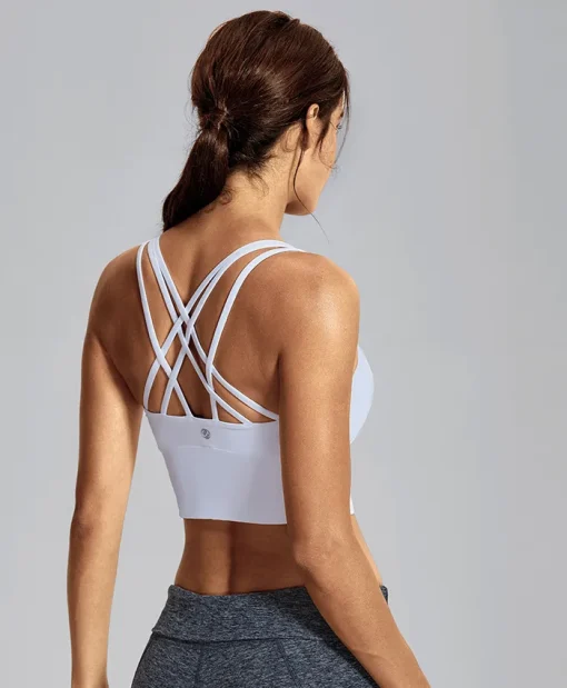 white bra top back straps Medium Support Strappy Back Wire-Free Removable Cups Longline Yoga Sports Bra