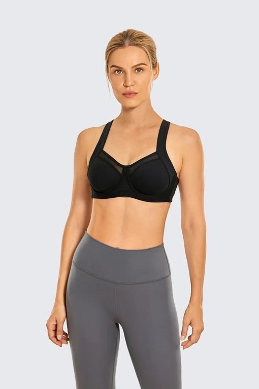 Model - Front- Black-Adjustable Straps High Impact Sports Bra with Underwire