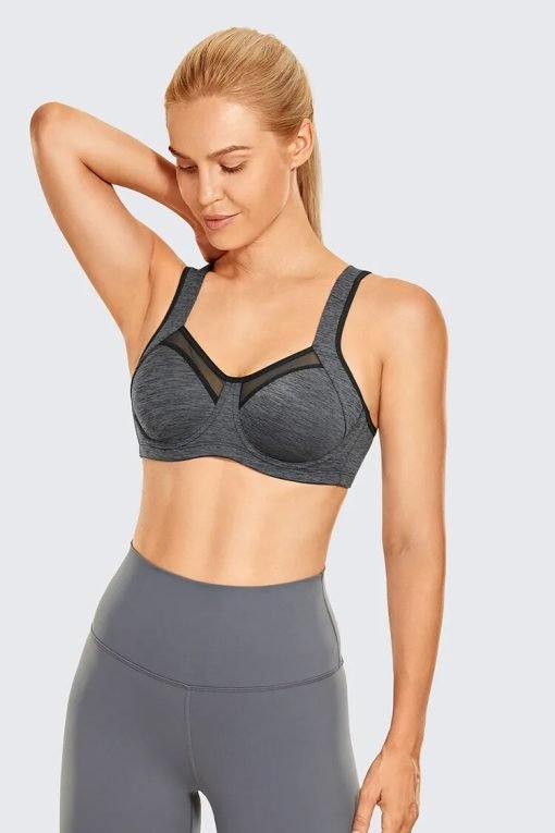 Model - Front-Grey-Adjustable Straps High Impact Sports Bra with Underwire