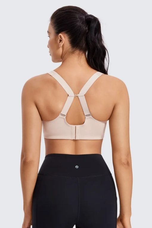 Model - back cross straps -beige Adjustable Straps High Impact Sports Bra with Underwire