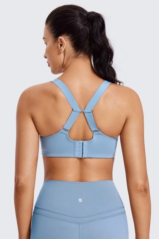 Model - light blue - back cross straps- Adjustable Straps High Impact Sports Bra with Underwire