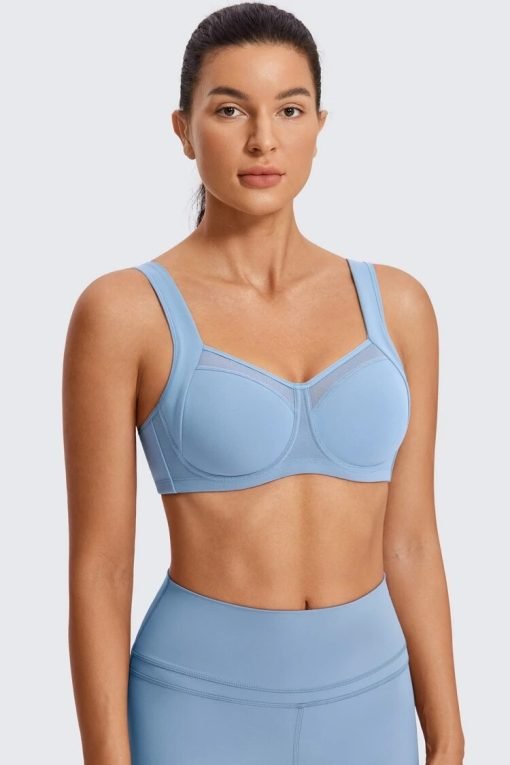 Model - light blue - front -Adjustable Straps High Impact Sports Bra with Underwire