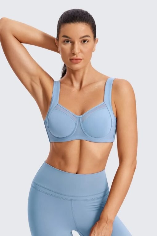 Model - light blue - front view- Adjustable Straps High Impact Sports Bra with Underwire